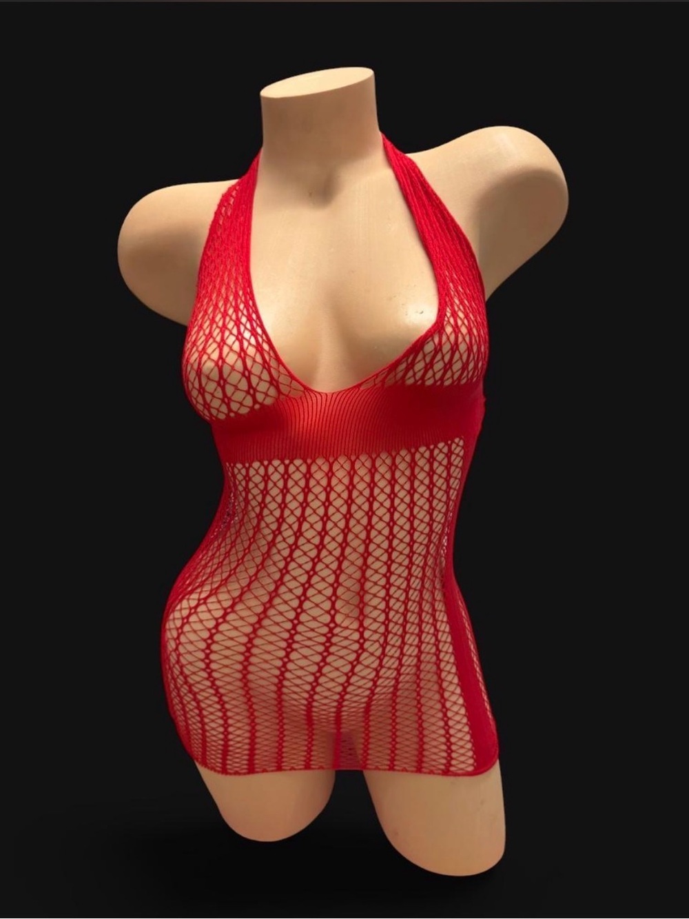 Red Fishnet Halter Chemise - Women's Intimates